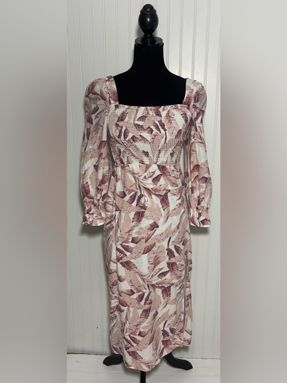 House of Harlow 1960 Smocked Midi Dress Size XS Linen Puff Sleeve Cottagecore